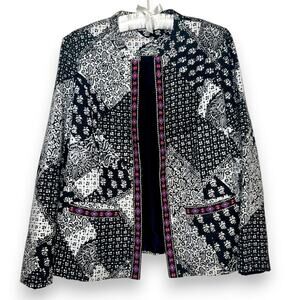 Indikka NY Blazer Women's Large Cotton Black White Embroidered Open Front Jaclet